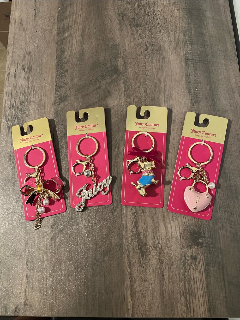 Juicy Couture Pink & Gold Bow, Juicy Script, Dog & Heart Lock Keychain Set